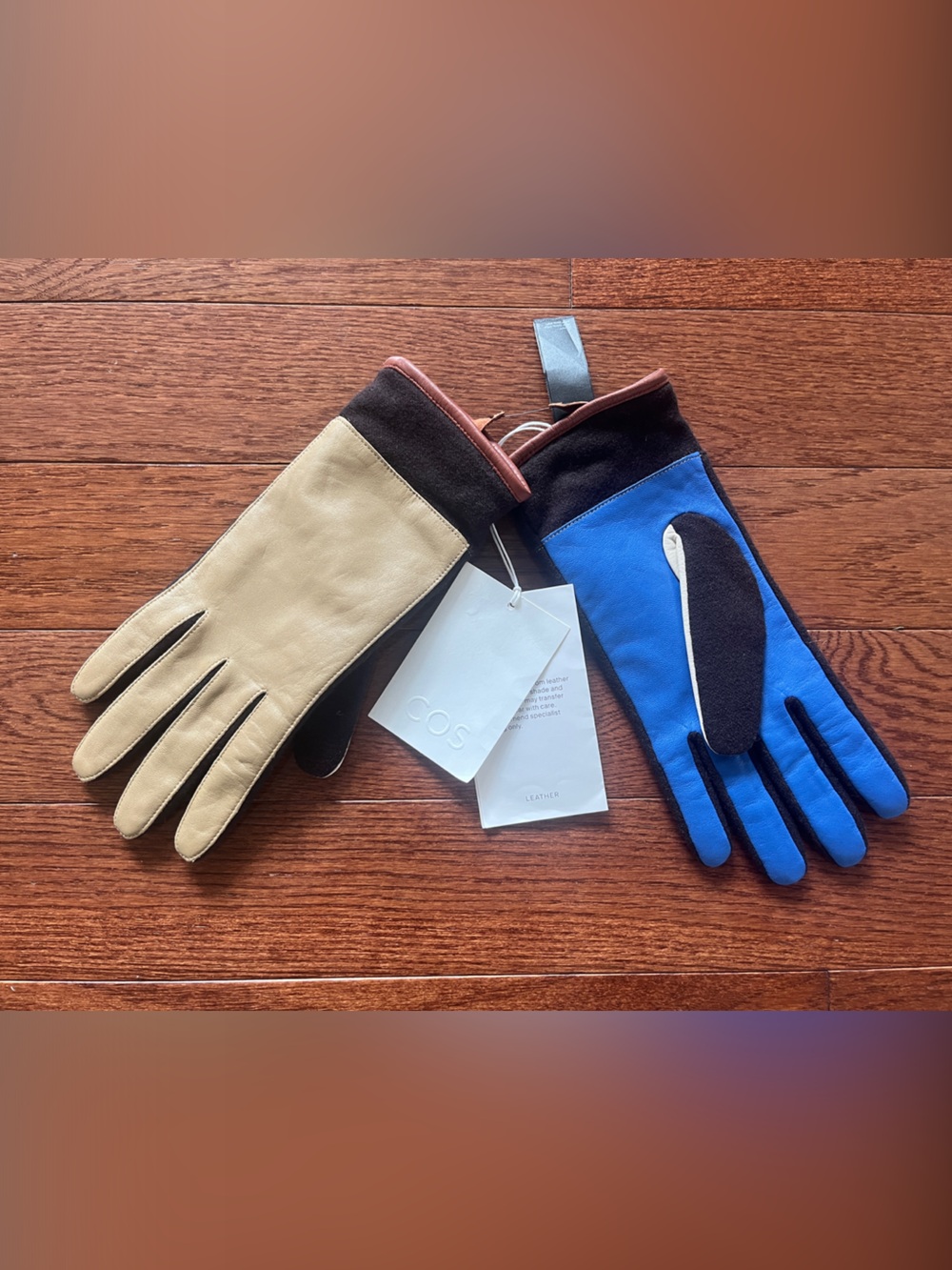 COS Three-Tone Leather & Wool Gloves in Blue, Brown and Beige